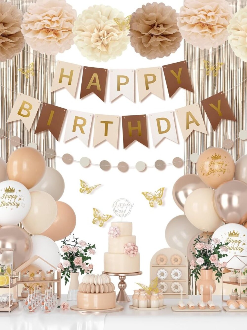 Neutral Birthday Decorations for Women Girls with Butterfly Stickers